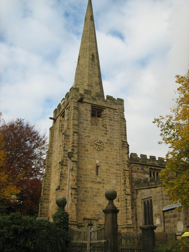 the church and pointed spire in ashover